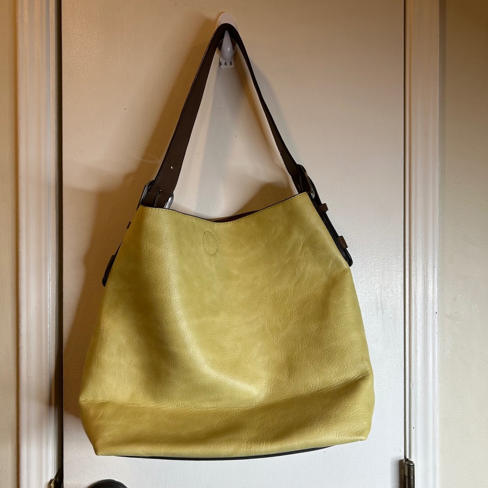 Chartreuse Yellow Vegan Leather Hobo Shoulder Bag Tote with Brown Strap